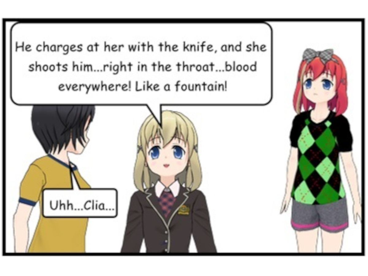 She shoots him right in the throat...