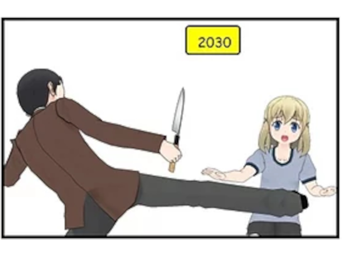 023_001 – A man in a brown jacket lunges forward holding a knife while a frightened blonde girl raises her hands defensively. A yellow box above reads ‘2030.’