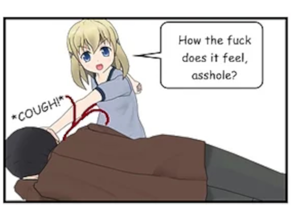 023_003 – The terrified blonde girl raises both hands as Percy approaches her with the knife.