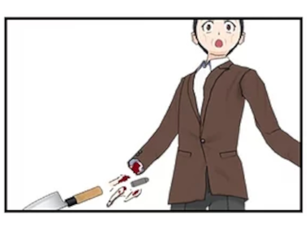 023_005 – Percy recoils in shock as two severed fingers and blood fall beside him after Nadia shoots his hand.