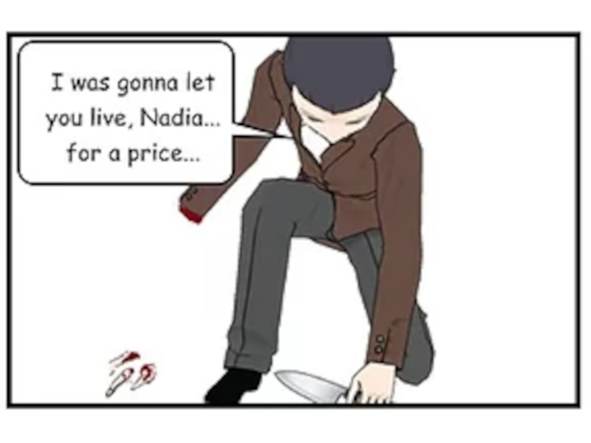 023_006 – Percy kneels while bleeding heavily from his injured hand and says, ‘I was gonna let you live, Nadia… for a price…’