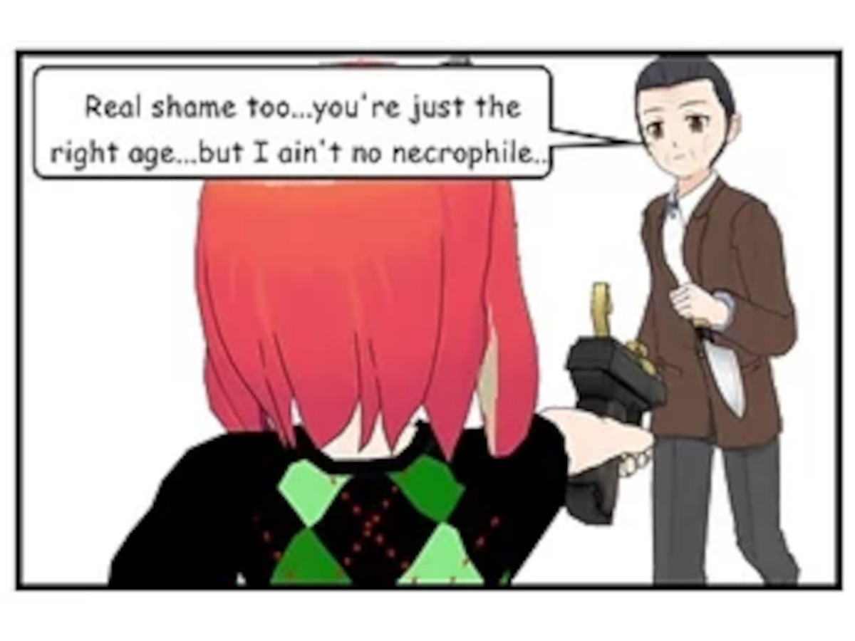 023_007 – Seen from behind Nadia’s red hair, Percy says, ‘Real shame too… you’re just the right age… but I ain’t no necrophile…’
