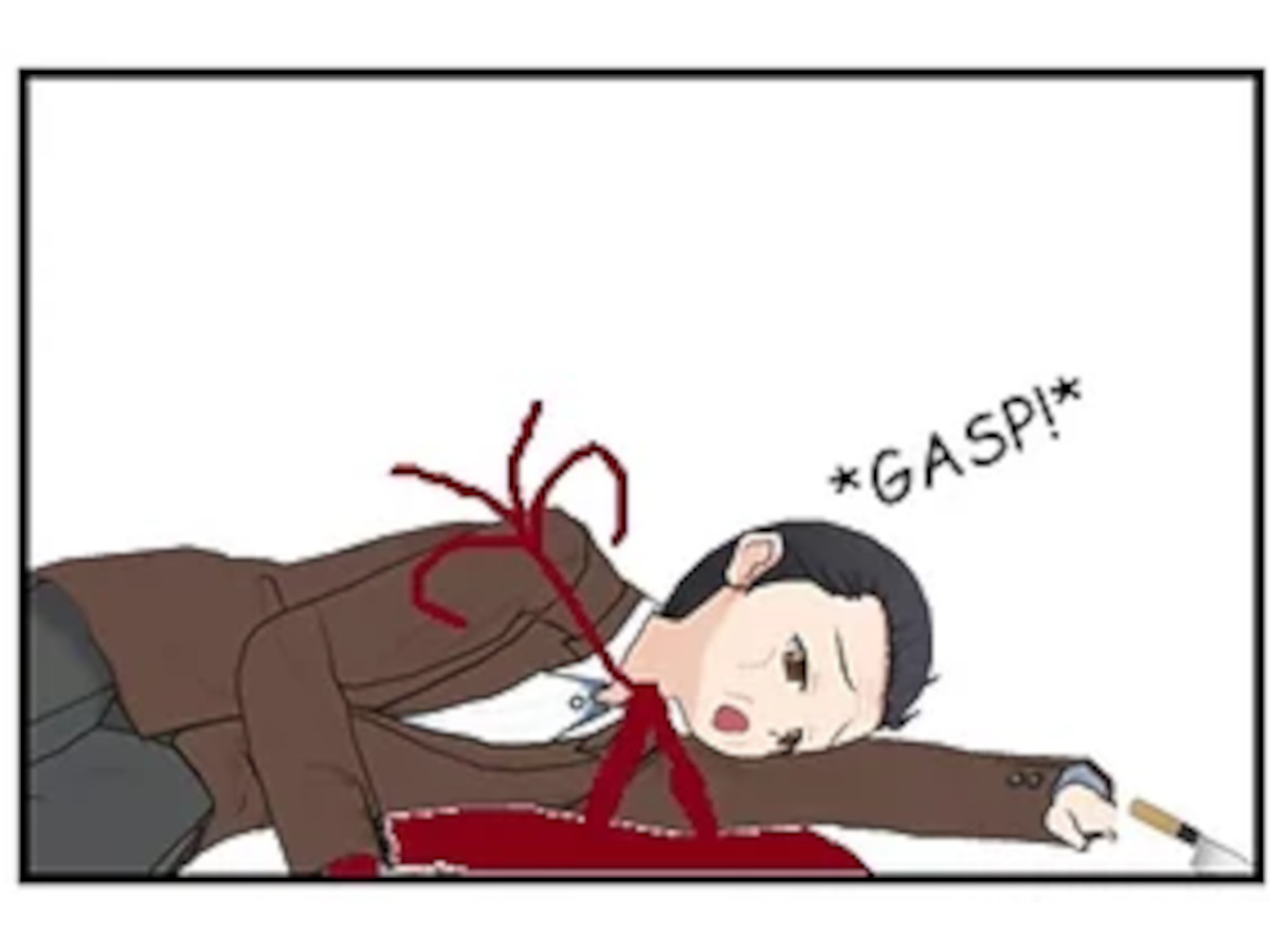 024_001 – Percy lies bleeding on the floor while gasping for air as blood pours from his neck wound.