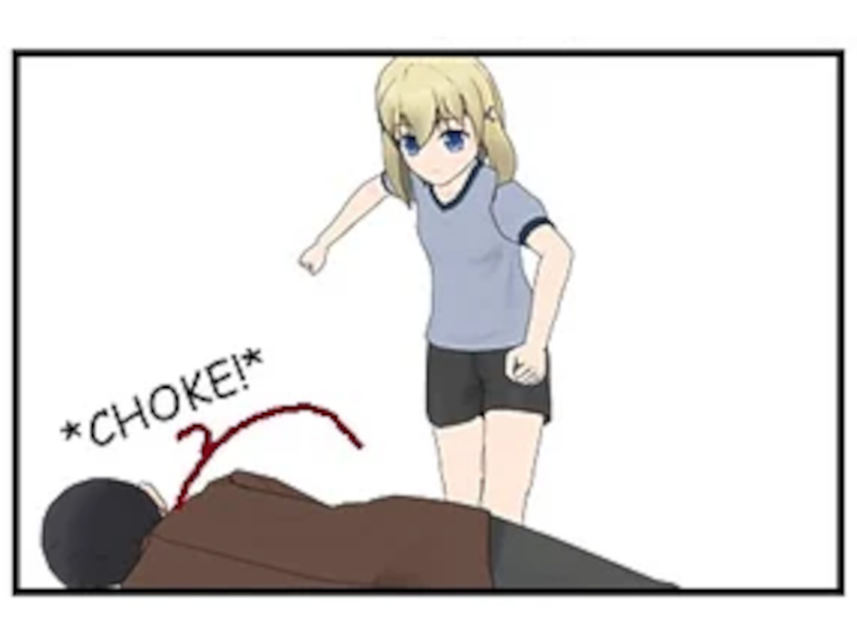 024_004 – The blonde girl steps toward Percy’s body while he chokes and bleeds onto the floor.