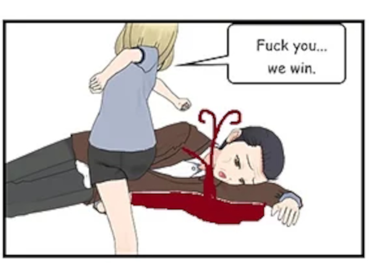 024_005 – The blonde girl stomps on Percy’s body and says, ‘F*** you… we win.’