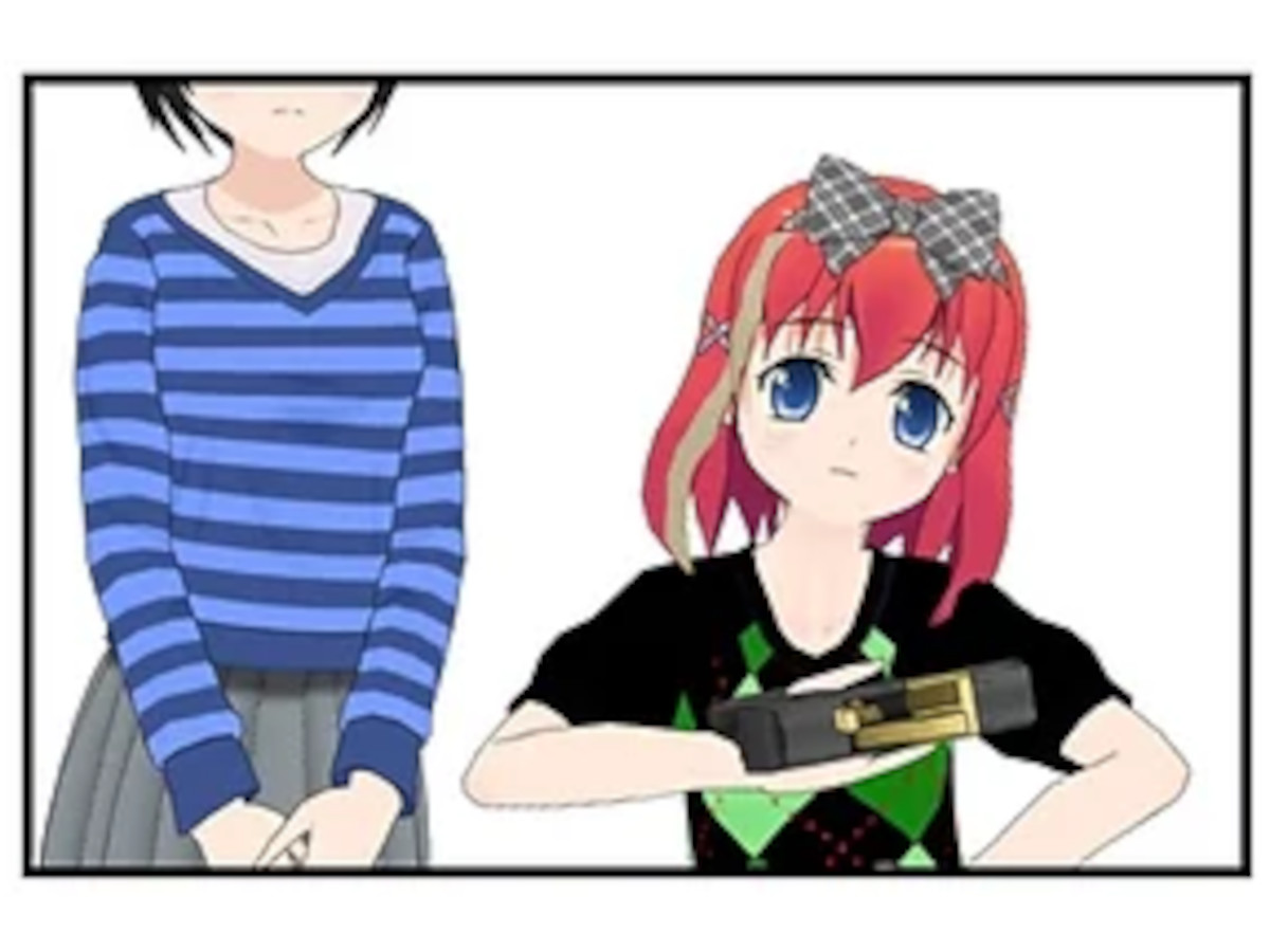 024_007 – Nadia lowers her handgun while standing beside the dark-haired girl after the confrontation ends.