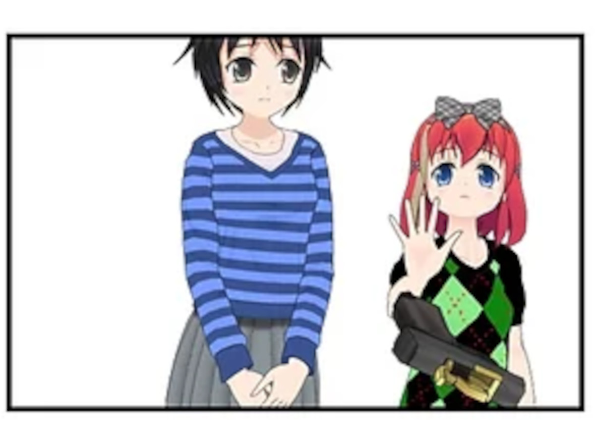 024_008 – Nadia raises one hand while holding the handgun close to her chest beside the silent dark-haired girl.