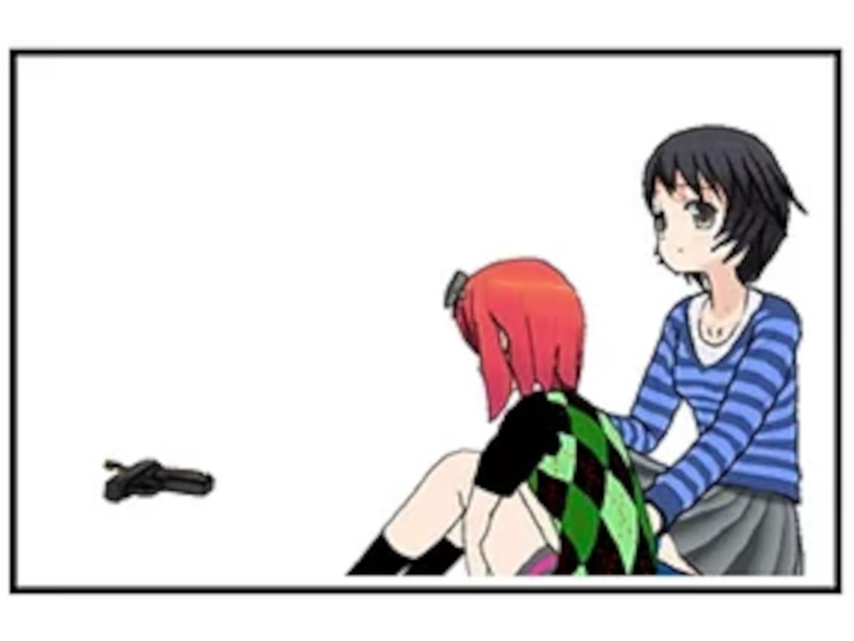 024_009 – Nadia sits on the floor beside the dark-haired girl as the handgun lies discarded nearby.
